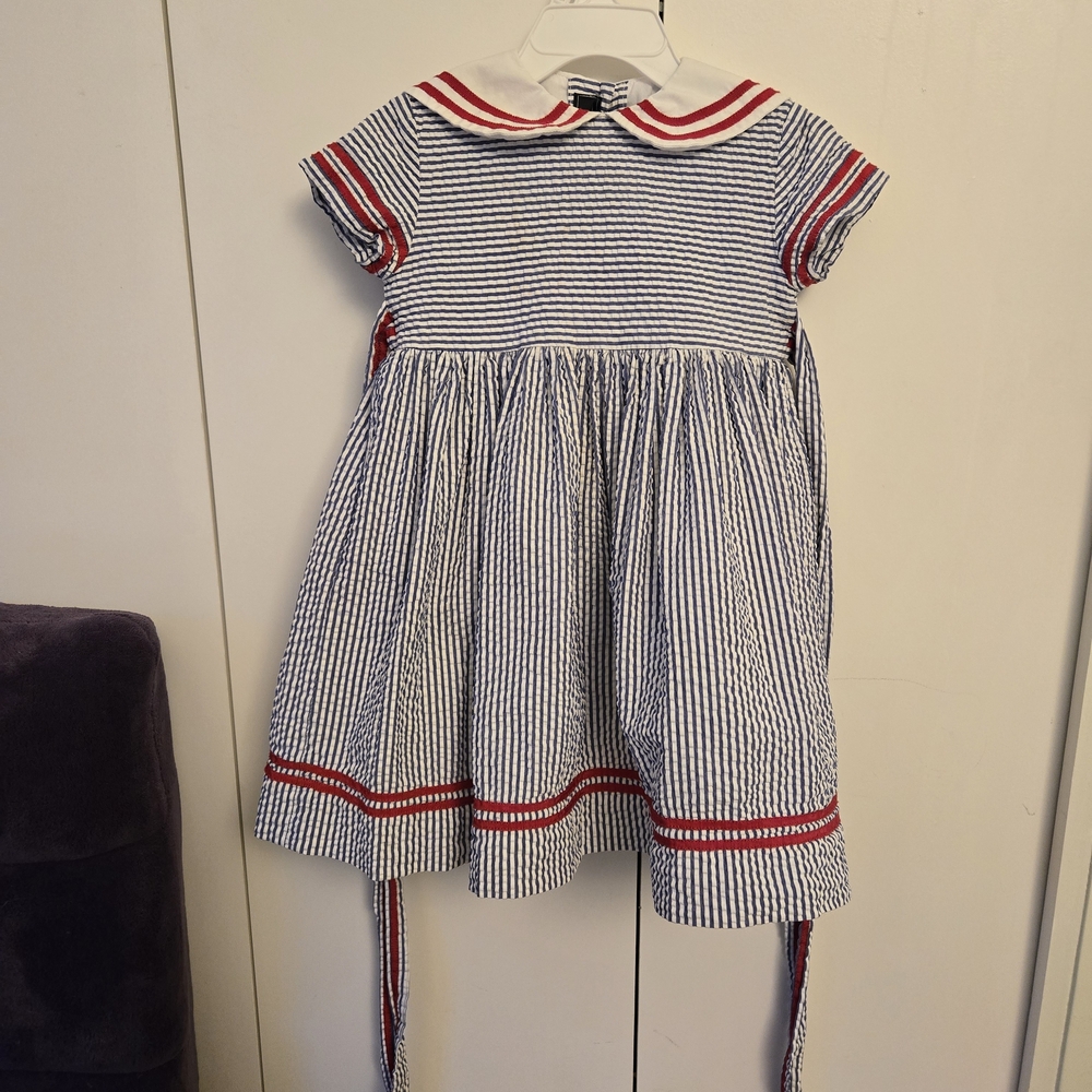 Oscar de la Renta Blue-and-White Striped Sailor Dress with Red Trim